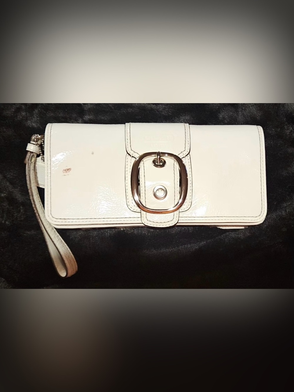 Coach Patent Leather Wristlet in Cream with Silver Buckle